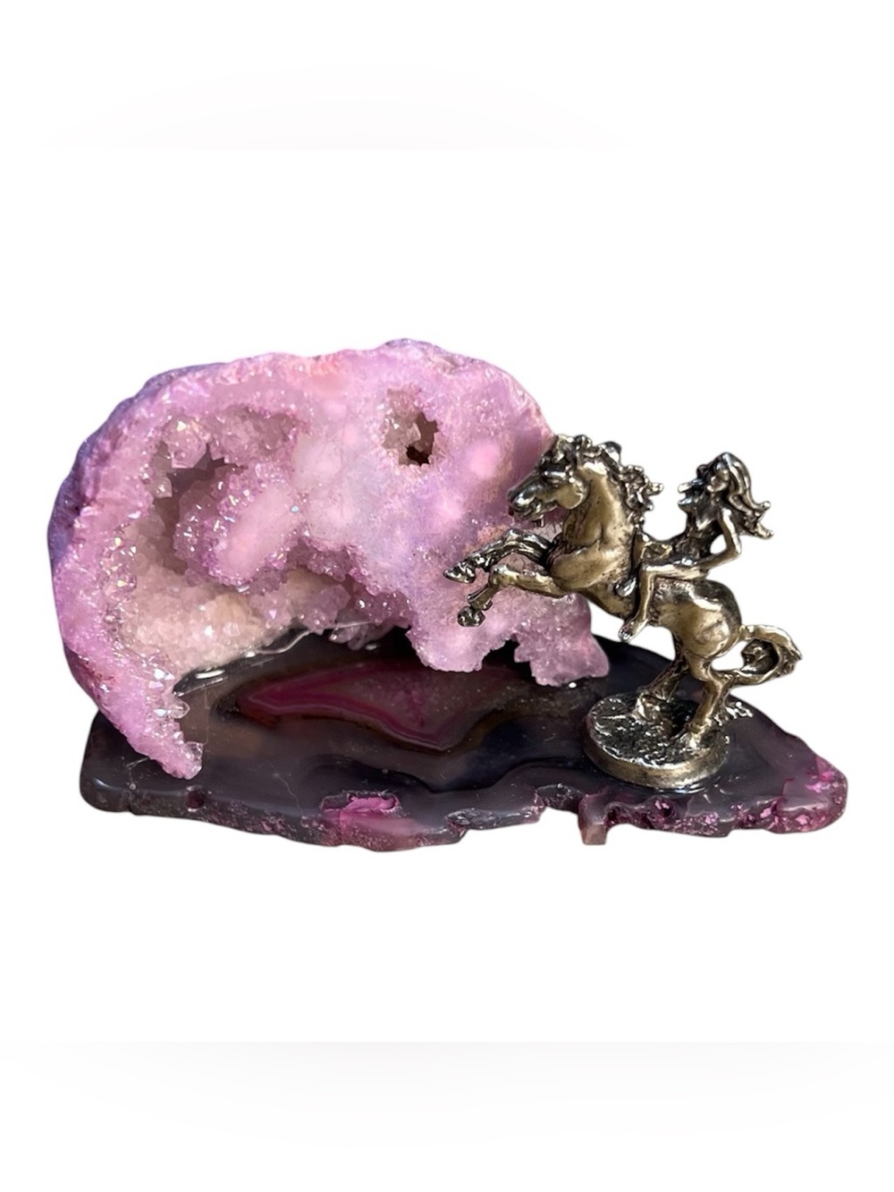 Pink Titanium, Enhanced  Geode Sculpture with Pewter Horse Accent - Home Art